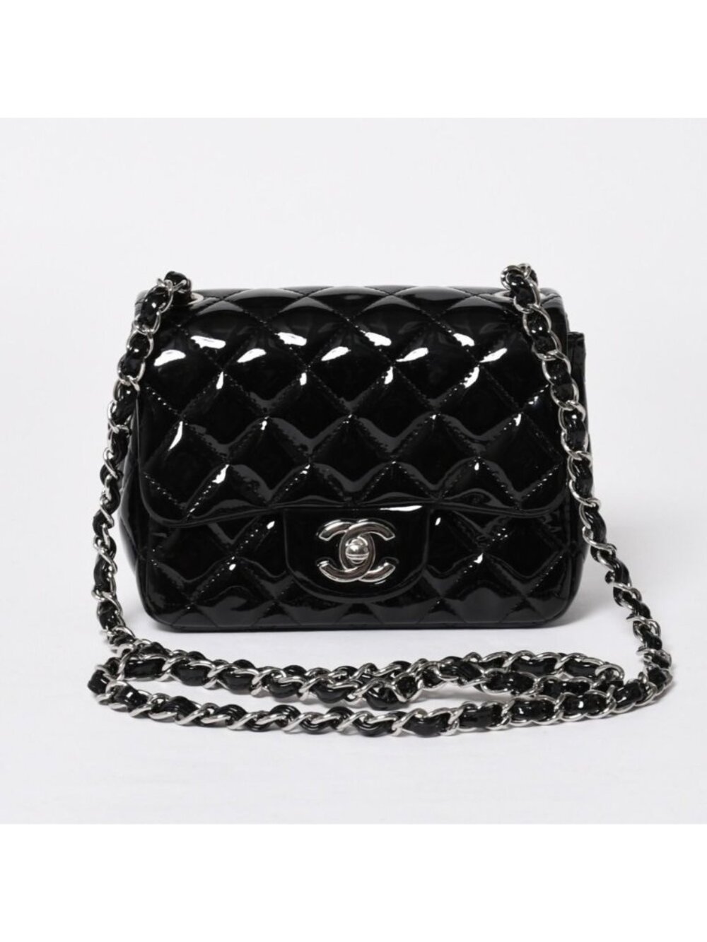 Chanel Mini Quilted 17 S Flap S Chain Shoulder Bag CC Logo Patent Silver